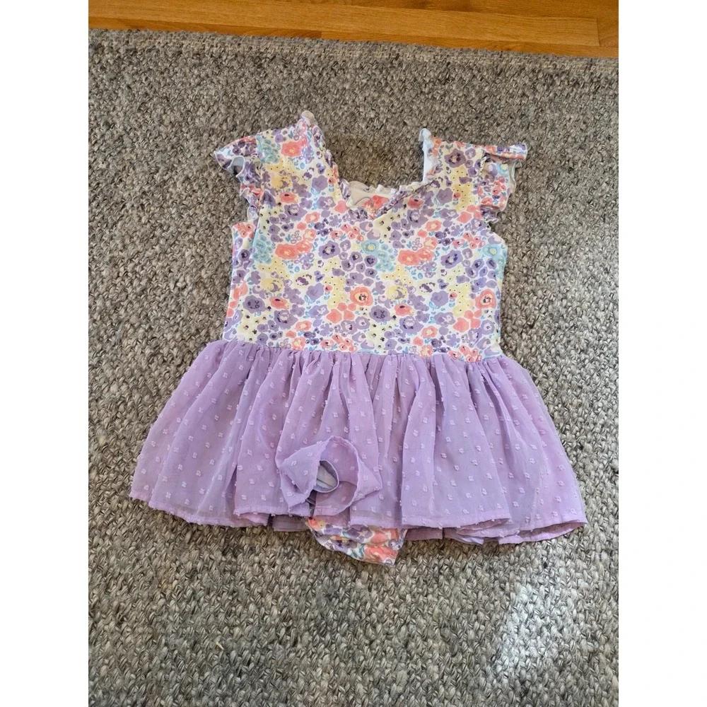 NWT Cheeky Plum Purple Floral Short Sleeve Dance Leotard Tutu Dress Girls 12
